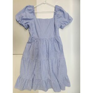 J.Crew Blue White Striped Puff Sleeve Smocked Tiered Midi Dress Size 12